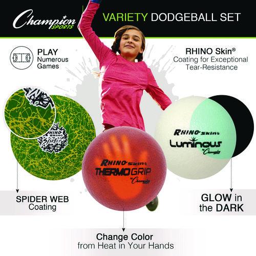 Rhino Skin Luminous, Spider and ThermoGrip Dodgeball Set, 6.3" Diameter, Assorted Colors, 6/Set