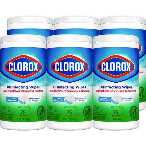 Disinfecting Wipes, Bleach Free Cleaning Wipes, 1-Ply, 7 x 8, Fresh Scent, White, 75/Canister, 6 Canisters