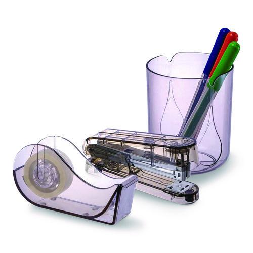 Recycled Plastic Three-Piece Desk Set: (1) Pencil Cup, (1) Stapler, (1) Tape Dispenser, (1) Roll of Tape, Translucent Ash