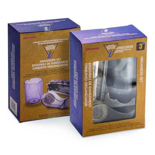 Recycled Plastic Three-Piece Desk Set: (1) Pencil Cup, (1) Stapler, (1) Tape Dispenser, (1) Roll of Tape, Translucent Ash