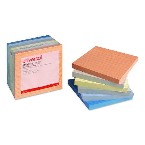 Ultra Sticky Note Pads, Note Ruled, 4" x 4", Assorted Colors, 100 Sheets/Pad, 6 Pads/Pack