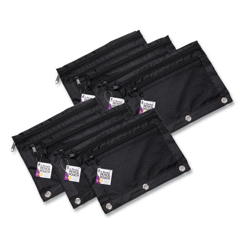 wo-Pocket Binder-Insertable Pencil Pouch with Mesh Front, 2 Compartments, 3-Hole Punched, 11" x 9", Black, 6/Pack