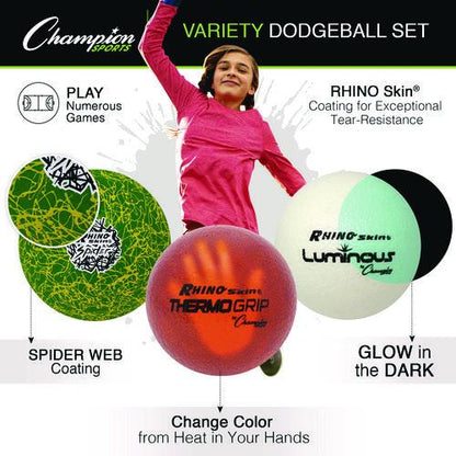 Rhino Skin Luminous, Spider and ThermoGrip Dodgeball Set, 6.3" Diameter, Assorted Colors, 6/Set
