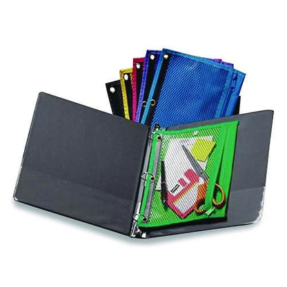 Mesh Binder Pockets, 3-Hole Punched, 10.5" x 7.5", Randomly Assorted Colors