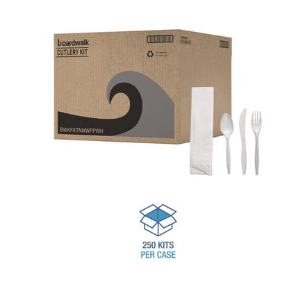 Four-Piece Cutlery Kit, Mediumweight, Fork/Knife/Napkin/Spoon, Plastic, White, 250/Carton