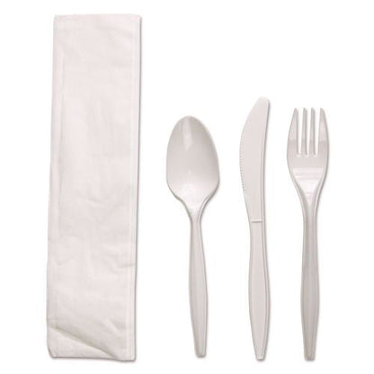 Four-Piece Cutlery Kit, Mediumweight, Fork/Knife/Napkin/Spoon, Plastic, White, 250/Carton