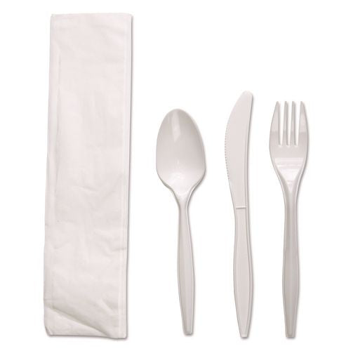 Four-Piece Cutlery Kit, Mediumweight, Fork/Knife/Napkin/Spoon, Plastic, White, 250/Carton