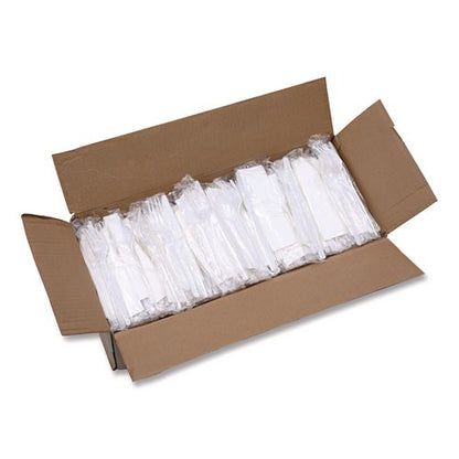 Four-Piece Cutlery Kit, Mediumweight, Fork/Knife/Napkin/Spoon, Plastic, White, 250/Carton