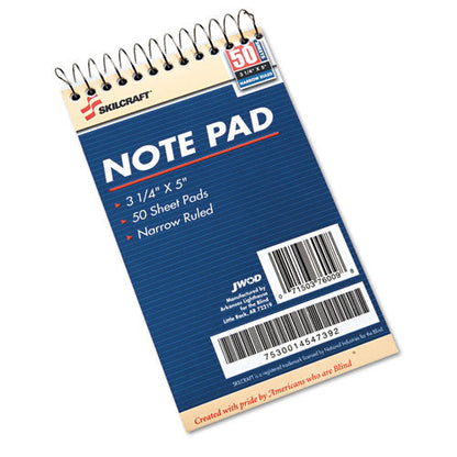 SKILCRAFT Notepad, Narrow Rule, Blue Cover, 50 White 3.25 x 5.5 Sheets, Dozen