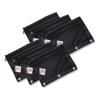 wo-Pocket Binder-Insertable Pencil Pouch with Mesh Front, 2 Compartments, 3-Hole Punched, 11" x 9", Black, 6/Pack