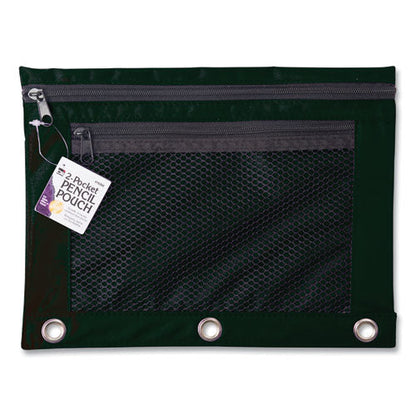 wo-Pocket Binder-Insertable Pencil Pouch with Mesh Front, 2 Compartments, 3-Hole Punched, 11" x 9", Black, 6/Pack