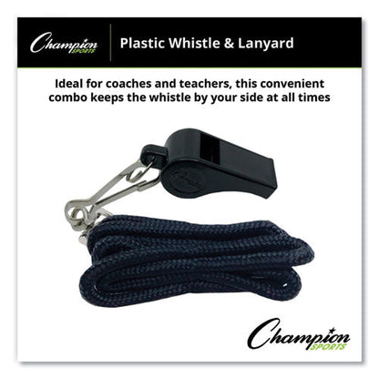 Sports Whistle with Black Nylon Lanyard, Plastic, Black, Dozen